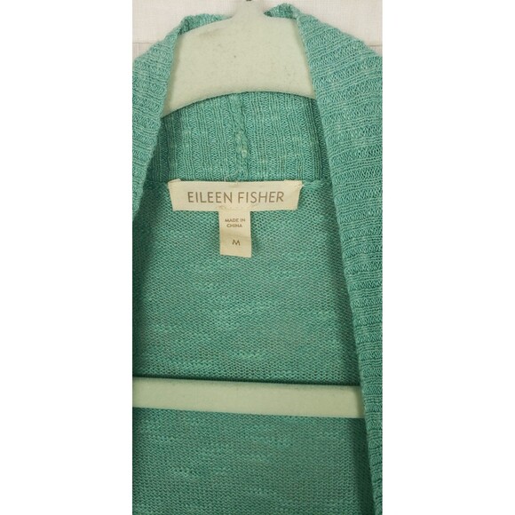 Eileen Fisher Knit Cardigan Open M Slub Green Asymmetric Hem Linen Blend Casual - Picture 3 of 5